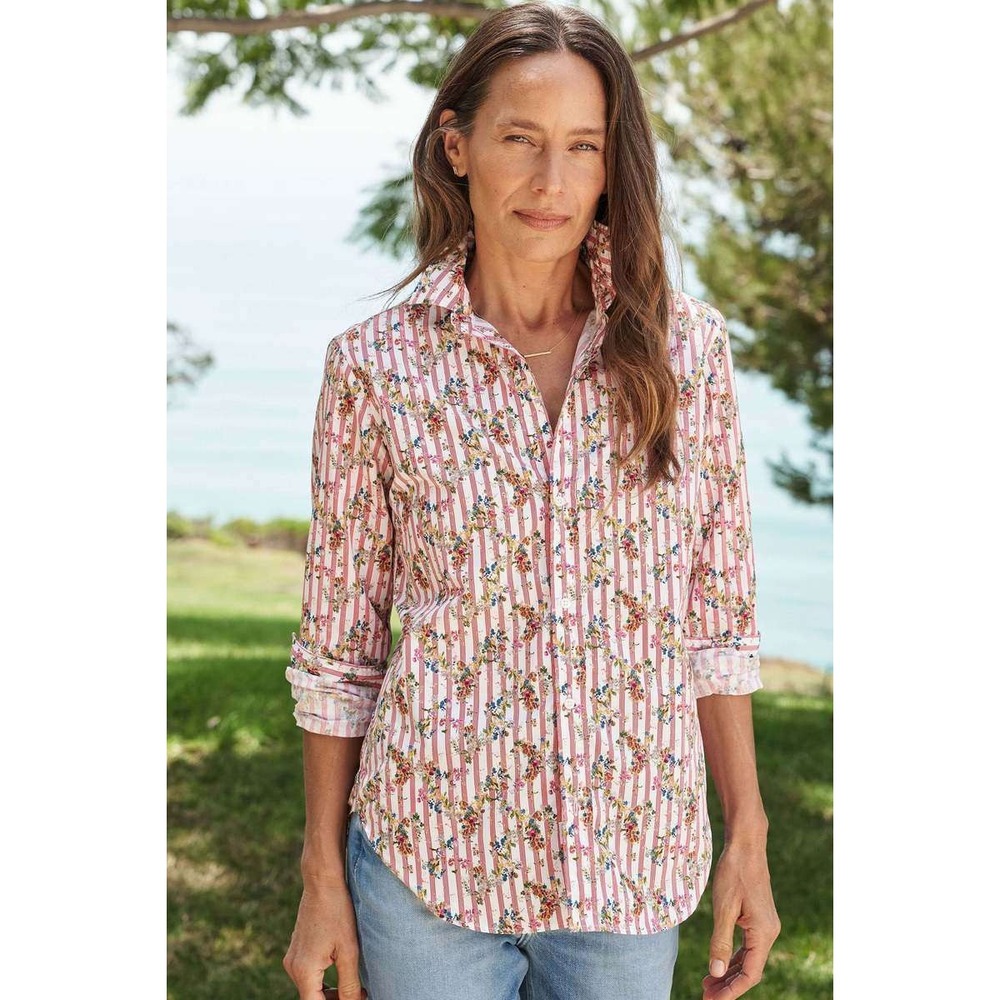 Frank Eileen Womens Frank Classic Striped Floral Cotton Button Down Shirt Small